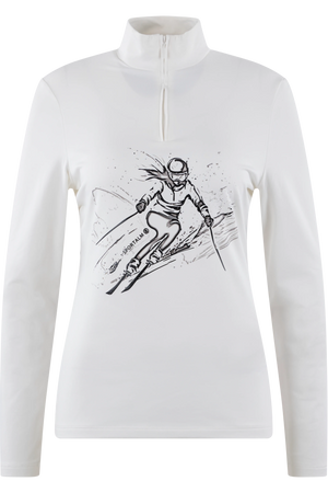 Langärmliges, weißes Ski-Shirt mit einem schwarzen Grafikdruck einer Skifahrerin.