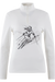 Langärmliges, weißes Ski-Shirt mit einem schwarzen Grafikdruck einer Skifahrerin.