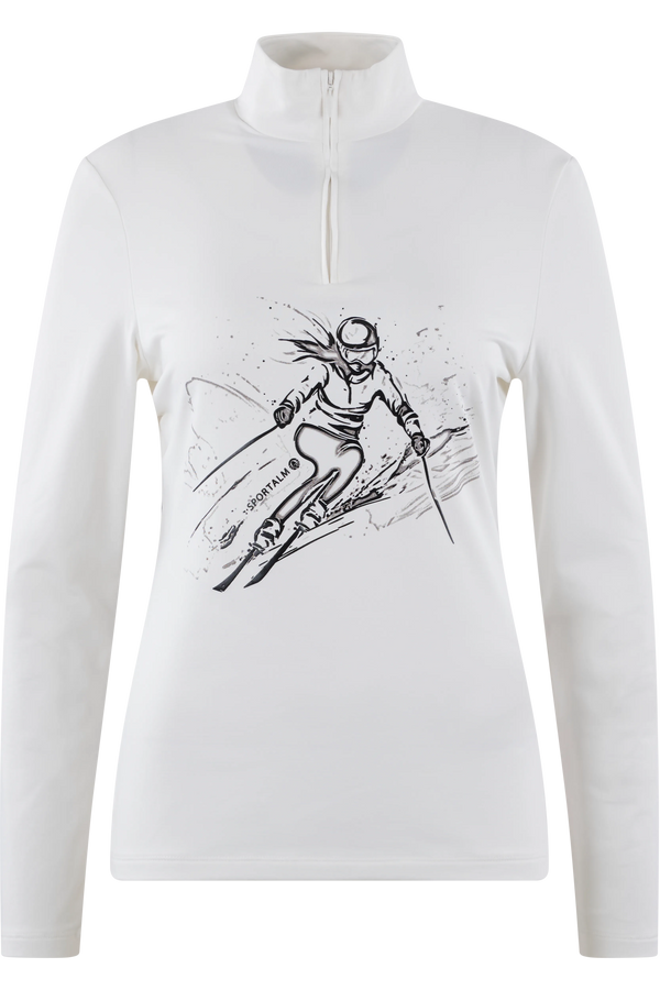Langärmliges, weißes Ski-Shirt mit einem schwarzen Grafikdruck einer Skifahrerin.