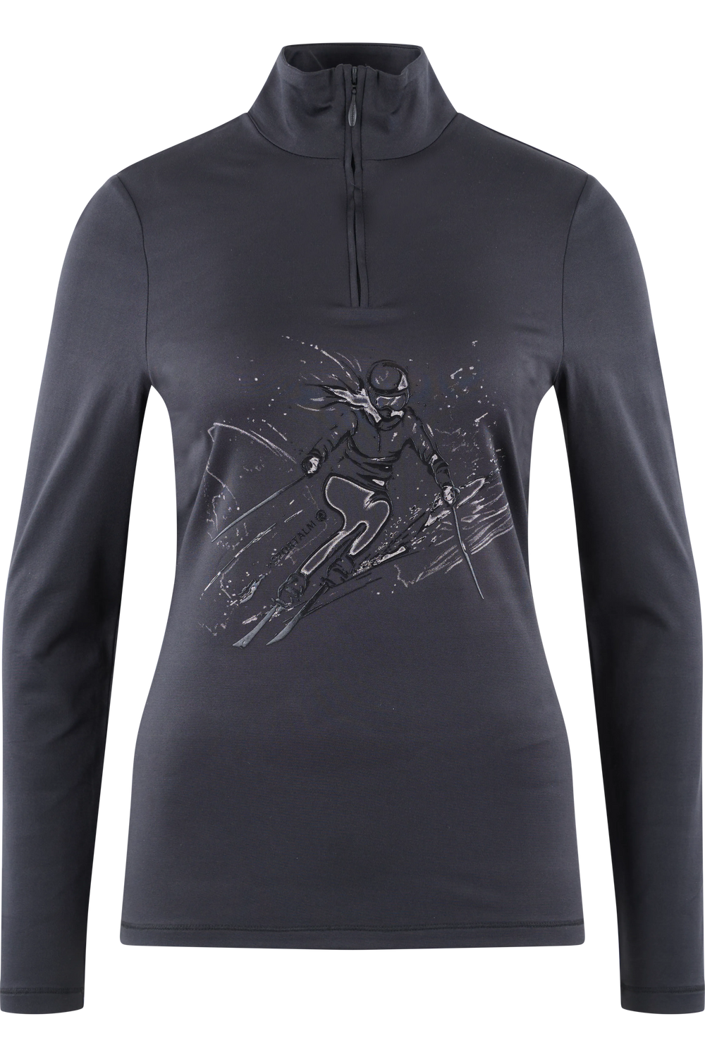 Dunkelgraues Funktionsshirt mit halbem Reißverschluss und sportlichem Skifahrer-Design auf der Vorderseite.