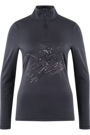 Dunkelgraues Funktionsshirt mit halbem Reißverschluss und sportlichem Skifahrer-Design auf der Vorderseite.