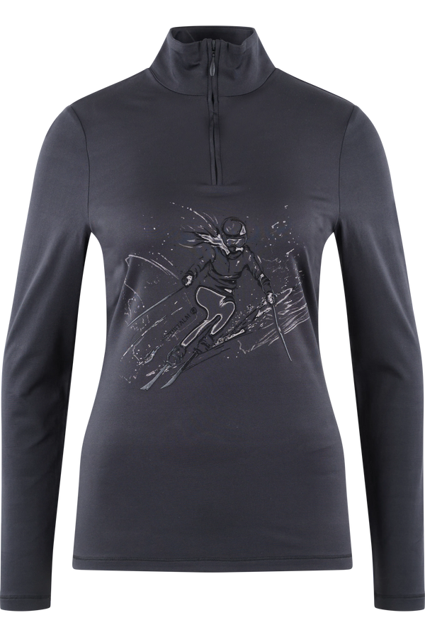 Dunkelgraues Funktionsshirt mit halbem Reißverschluss und sportlichem Skifahrer-Design auf der Vorderseite.
