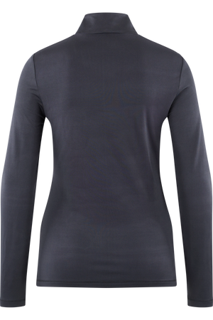 Langärmliges, schwarzes Polo-Shirt mit Stehkragen von hinten.