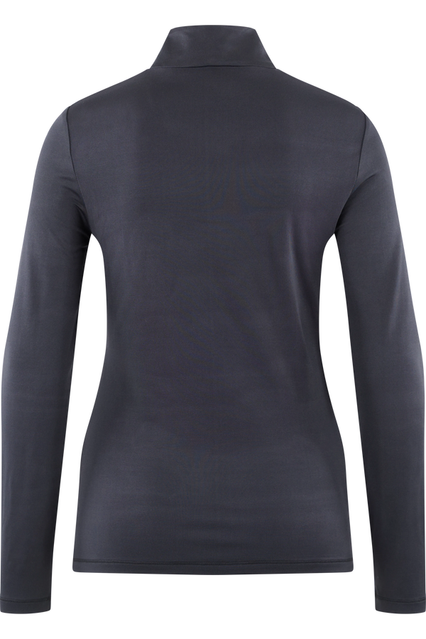 Langärmliges, schwarzes Polo-Shirt mit Stehkragen von hinten.
