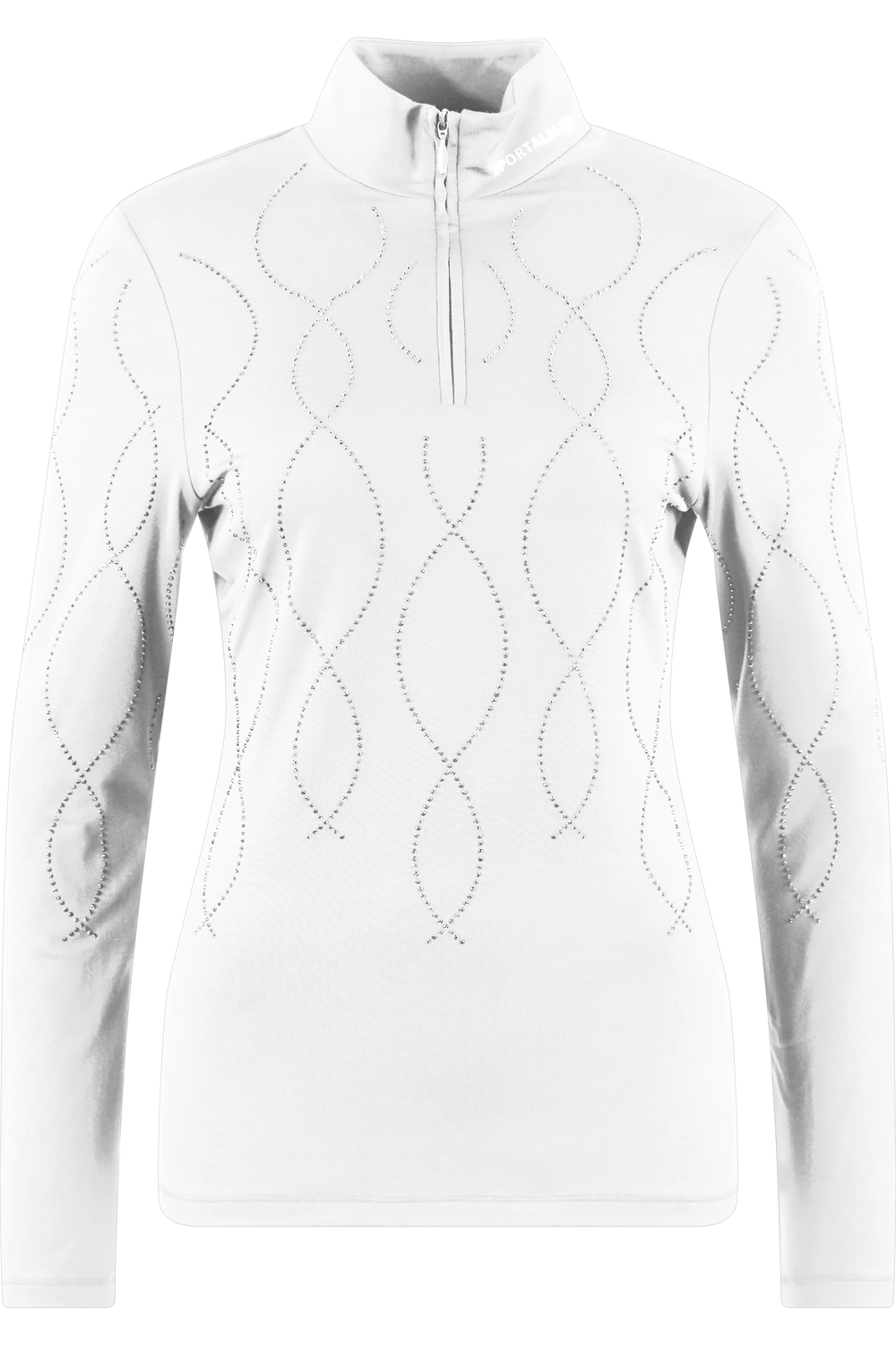 Weißes Langarmshirt mit Stehkragen und Zipper, verziert mit einem eleganten, geschwungenen Muster aus kleinen Punkten.
