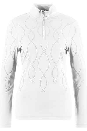 Weißes Langarmshirt mit Stehkragen und Zipper, verziert mit einem eleganten, geschwungenen Muster aus kleinen Punkten.