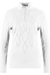 Weißes Langarmshirt mit Stehkragen und Zipper, verziert mit einem eleganten, geschwungenen Muster aus kleinen Punkten.