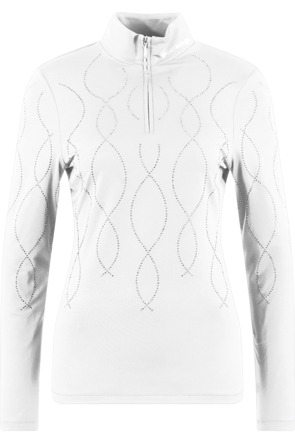 Weißes Langarmshirt mit Stehkragen und Zipper, verziert mit einem eleganten, geschwungenen Muster aus kleinen Punkten.