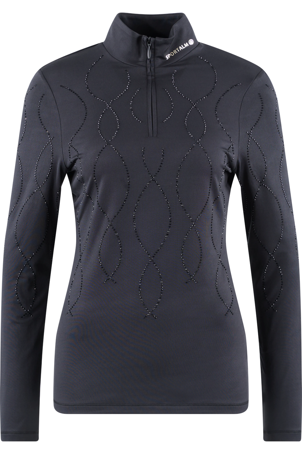 Schwarzes Longsleeve mit Zipper und dekorativen, glitzernden Mustern.