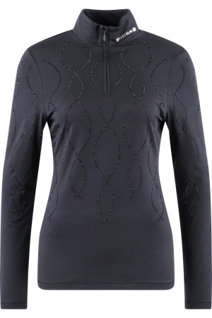 Schwarzes Longsleeve mit Zipper und dekorativen, glitzernden Mustern.