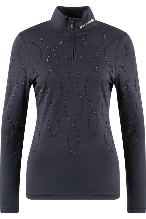Schwarzes Longsleeve mit Zipper und dekorativen, glitzernden Mustern.