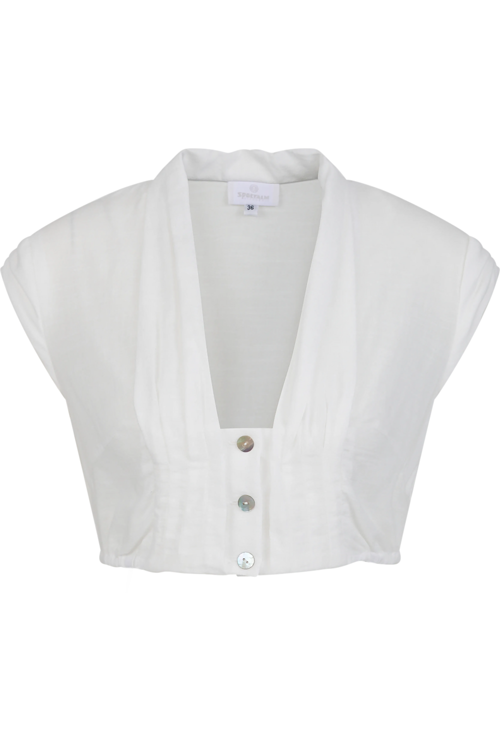 Weiße, kurzärmelige Bluse mit Knopfleiste und gerafftem Design.