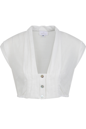 Weiße, kurzärmelige Bluse mit Knopfleiste und gerafftem Design.