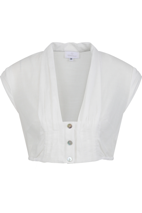 Weiße, kurzärmelige Bluse mit Knopfleiste und gerafftem Design.