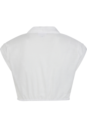 Weiße, kurzärmelige Bluse mit elastischem Saum und einem klassischen Kragen.