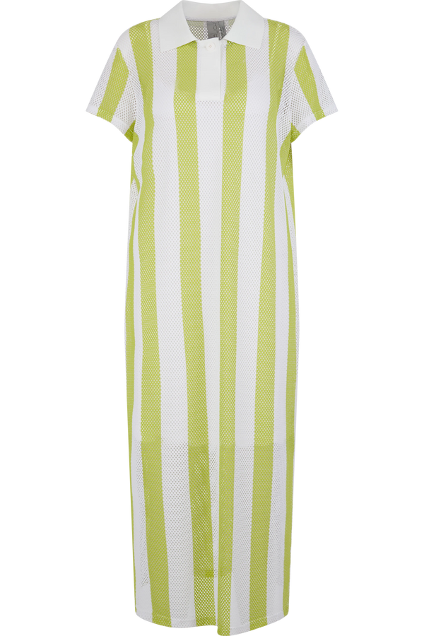 Grünes, gestreiftes Maxikleid mit kurzen Ärmeln und Kragen.