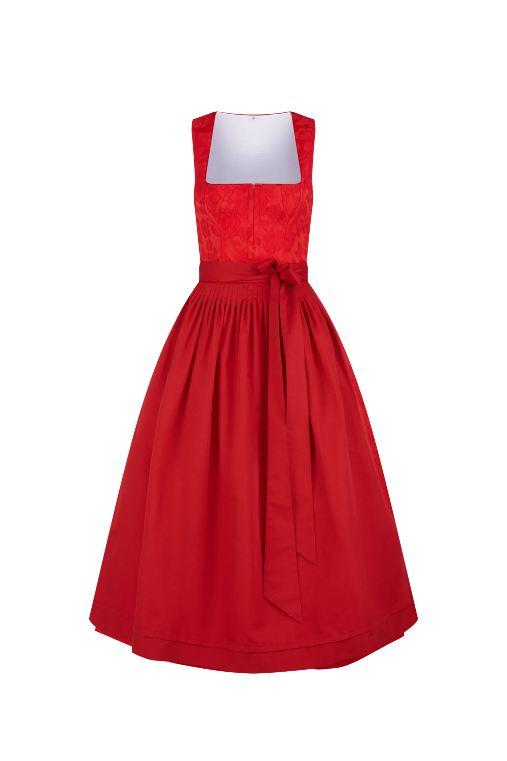 Rotes Kleid mit schmalem Oberteil und weitem Rock, verziert mit einer Schleife in der Taille.