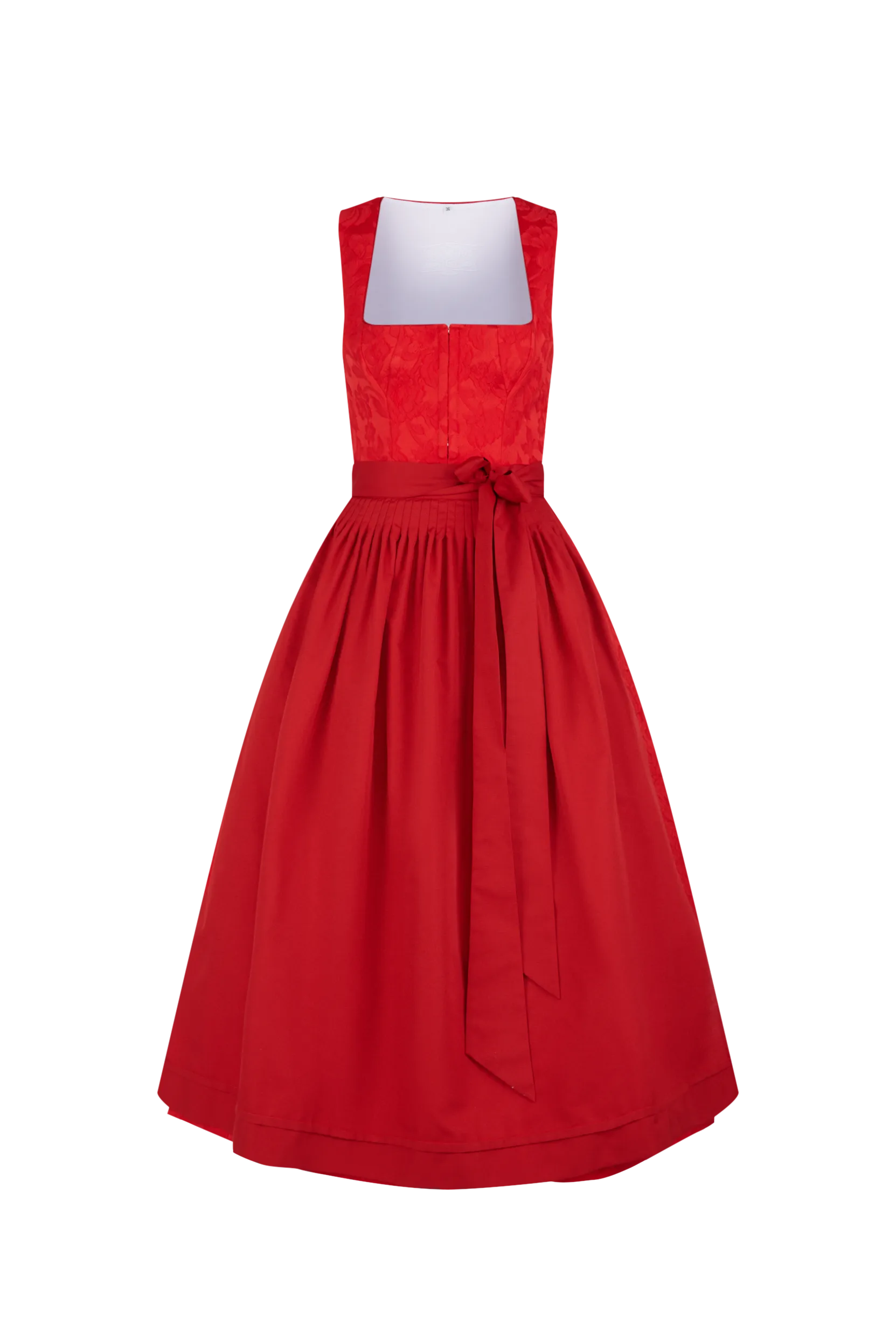 Rotes Kleid mit schmalem Oberteil und weitem Rock, verziert mit einer Schleife in der Taille.