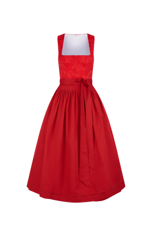 Rotes Kleid mit schmalem Oberteil und weitem Rock, verziert mit einer Schleife in der Taille.