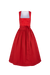 Rotes Kleid mit schmalem Oberteil und weitem Rock, verziert mit einer Schleife in der Taille.