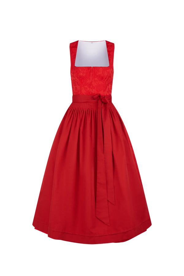 Rotes Kleid mit schmalem Oberteil und weitem Rock, verziert mit einer Schleife in der Taille.