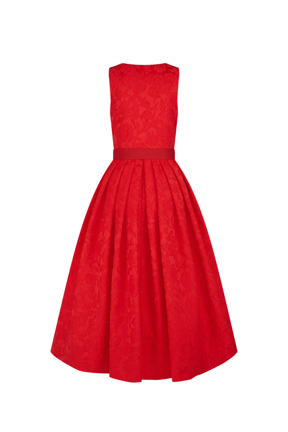 Rotes Kleid mit schmalem Oberteil und weitem Rock, verziert mit einer Schleife in der Taille.