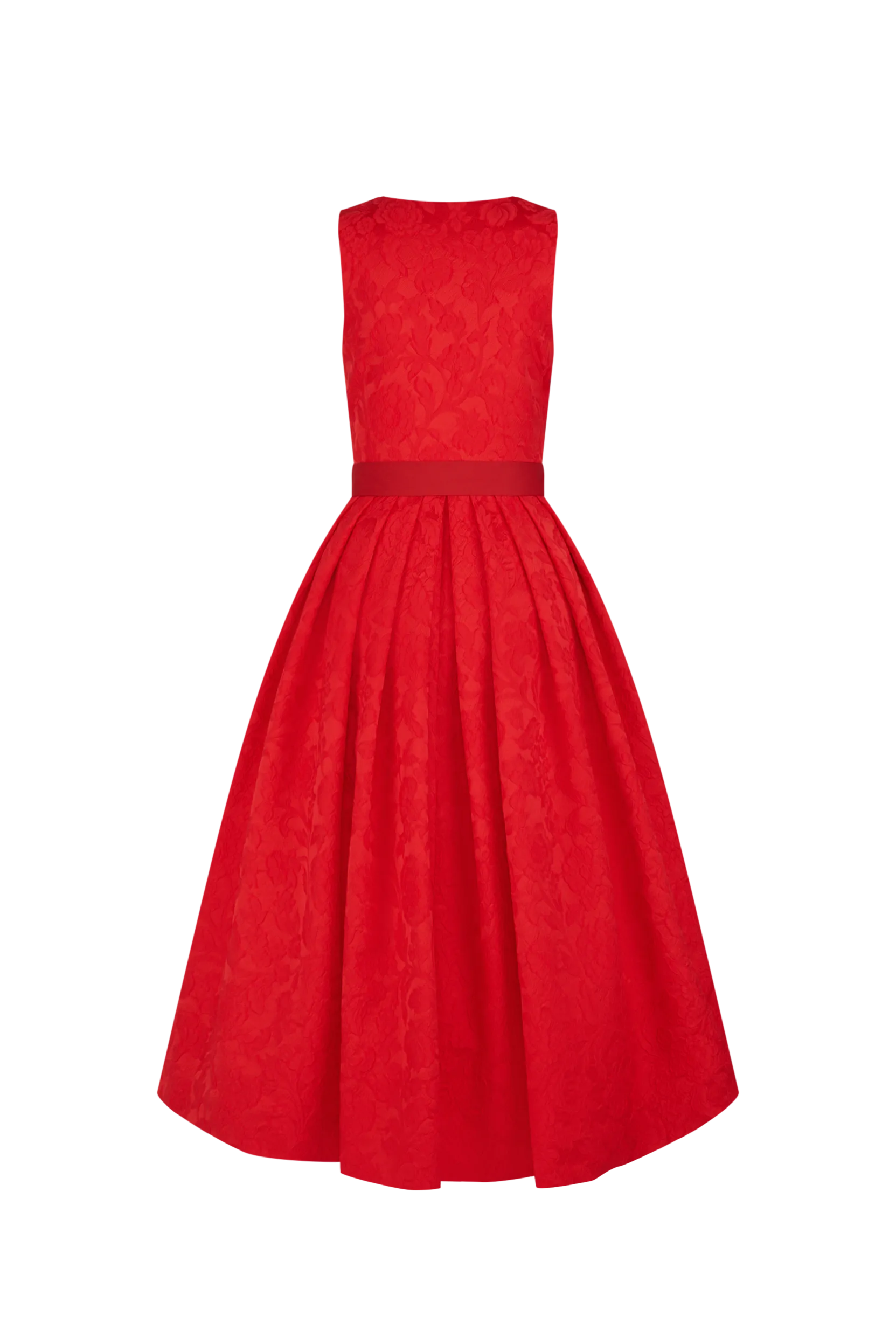 Rotes, ärmelloses Kleid mit weitem Rock und Taillenband.