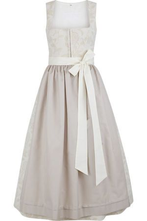 Ein dirndl ohne Ärmel in Beige und Weiß mit floralem Muster und einer großen Schleife an der Taille.