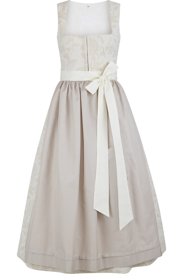 Ein dirndl ohne Ärmel in Beige und Weiß mit floralem Muster und einer großen Schleife an der Taille.