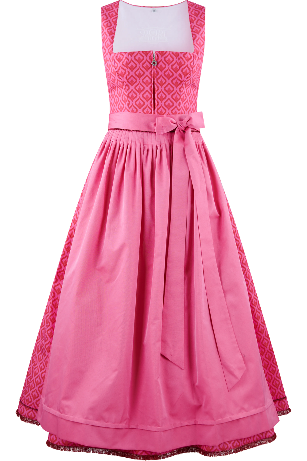 Rosenrotes Dirndl mit geometrischem Muster und breiten Trägern.