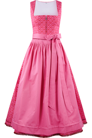 Rosenrotes Dirndl mit geometrischem Muster und breiten Trägern.