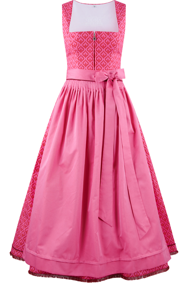 Rosenrotes Dirndl mit geometrischem Muster und breiten Trägern.
