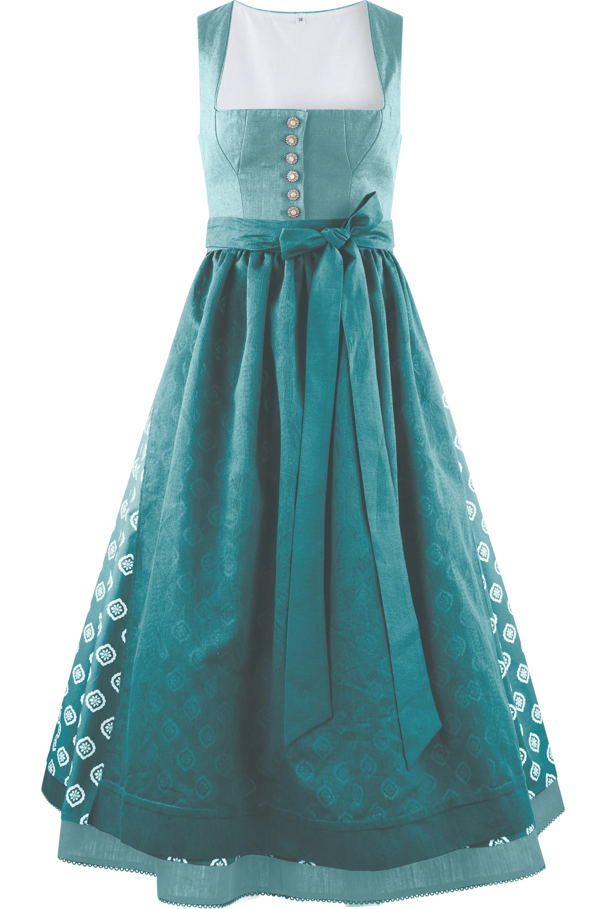 Ein teal-farbenes Dirndl mit dezentem Muster und einer breiten Schleife.