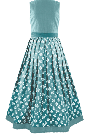 Ein tealfarbenes Kleid mit festlicher taillierter Oberseite und einem langen, gemusterten Rock.