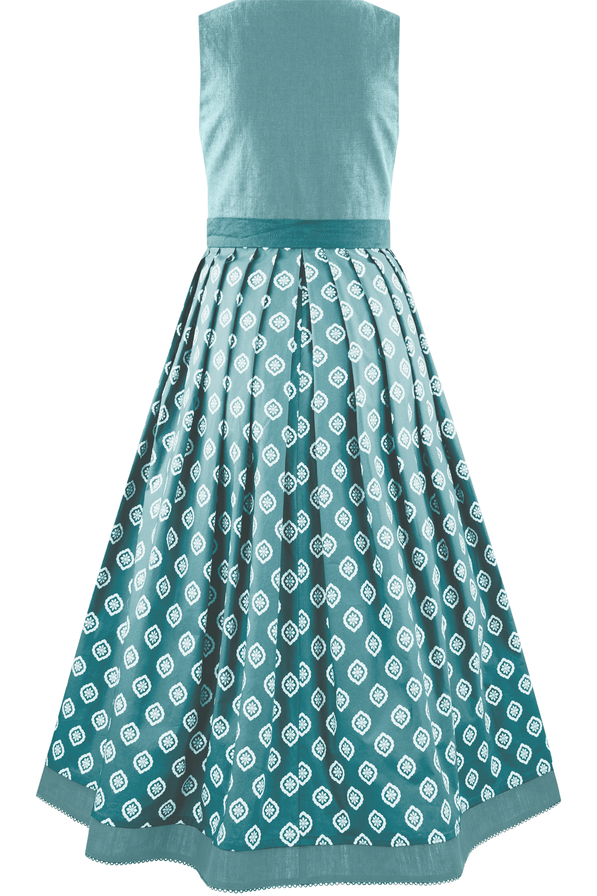 Ein tealfarbenes Kleid mit festlicher taillierter Oberseite und einem langen, gemusterten Rock.
