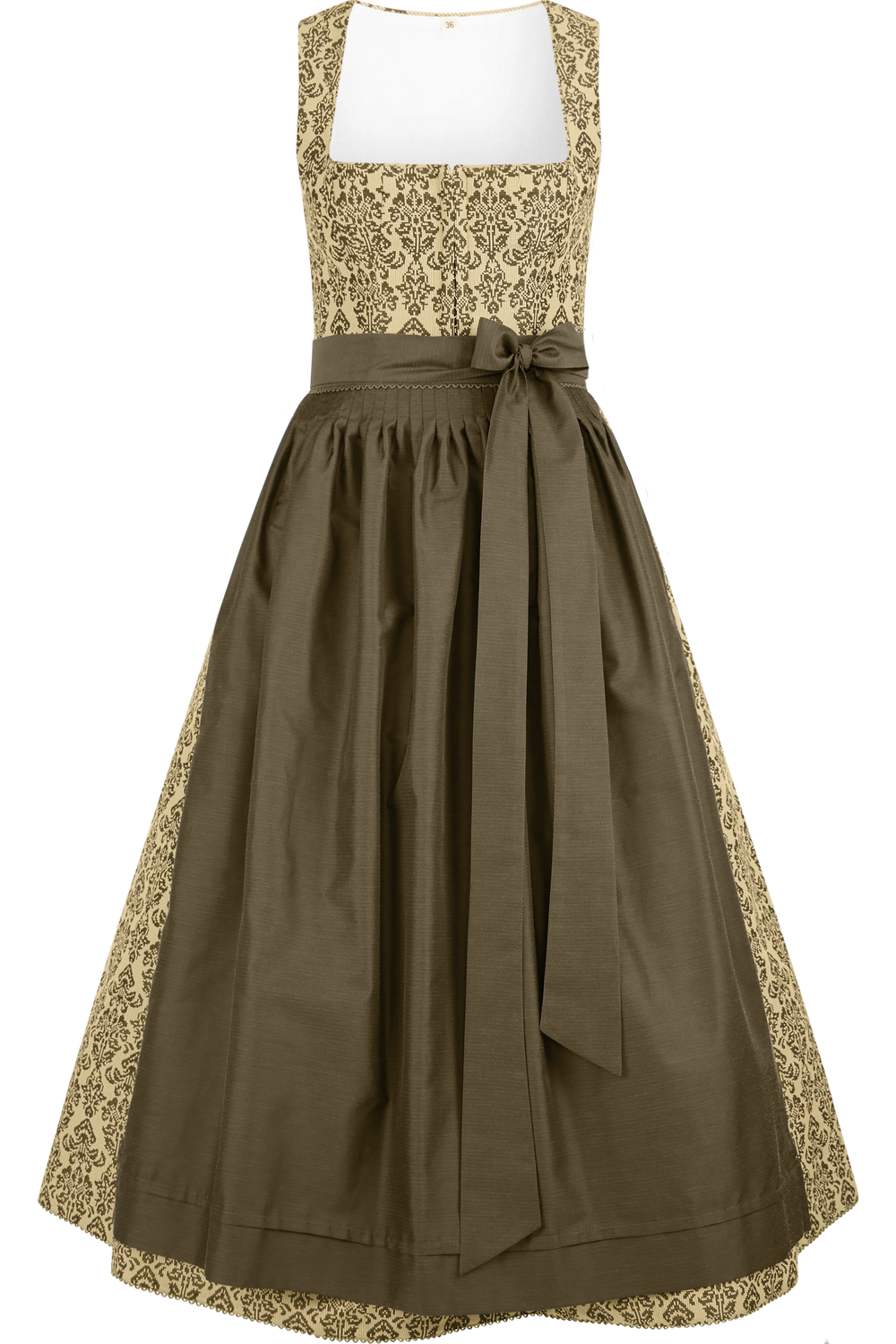 Ein traditionelles Dirndl mit einem gemusterten Oberteil in Beige und einem einfarbigen braunen Rock sowie einer Schleife in der Taille.