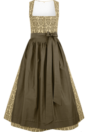 Ein traditionelles Dirndl mit einem gemusterten Oberteil in Beige und einem einfarbigen braunen Rock sowie einer Schleife in der Taille.
