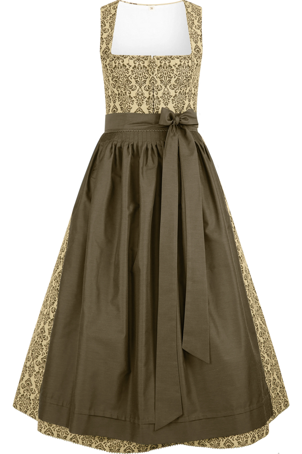Ein traditionelles Dirndl mit einem gemusterten Oberteil in Beige und einem einfarbigen braunen Rock sowie einer Schleife in der Taille.
