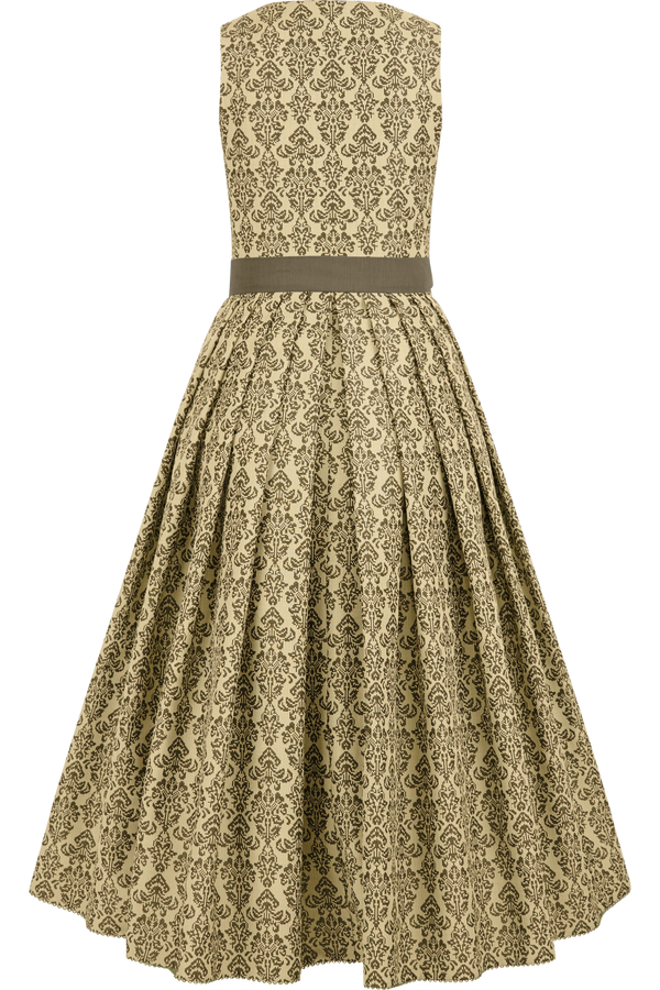 Beige Kleid mit damastartigem Muster und weitem Rock.