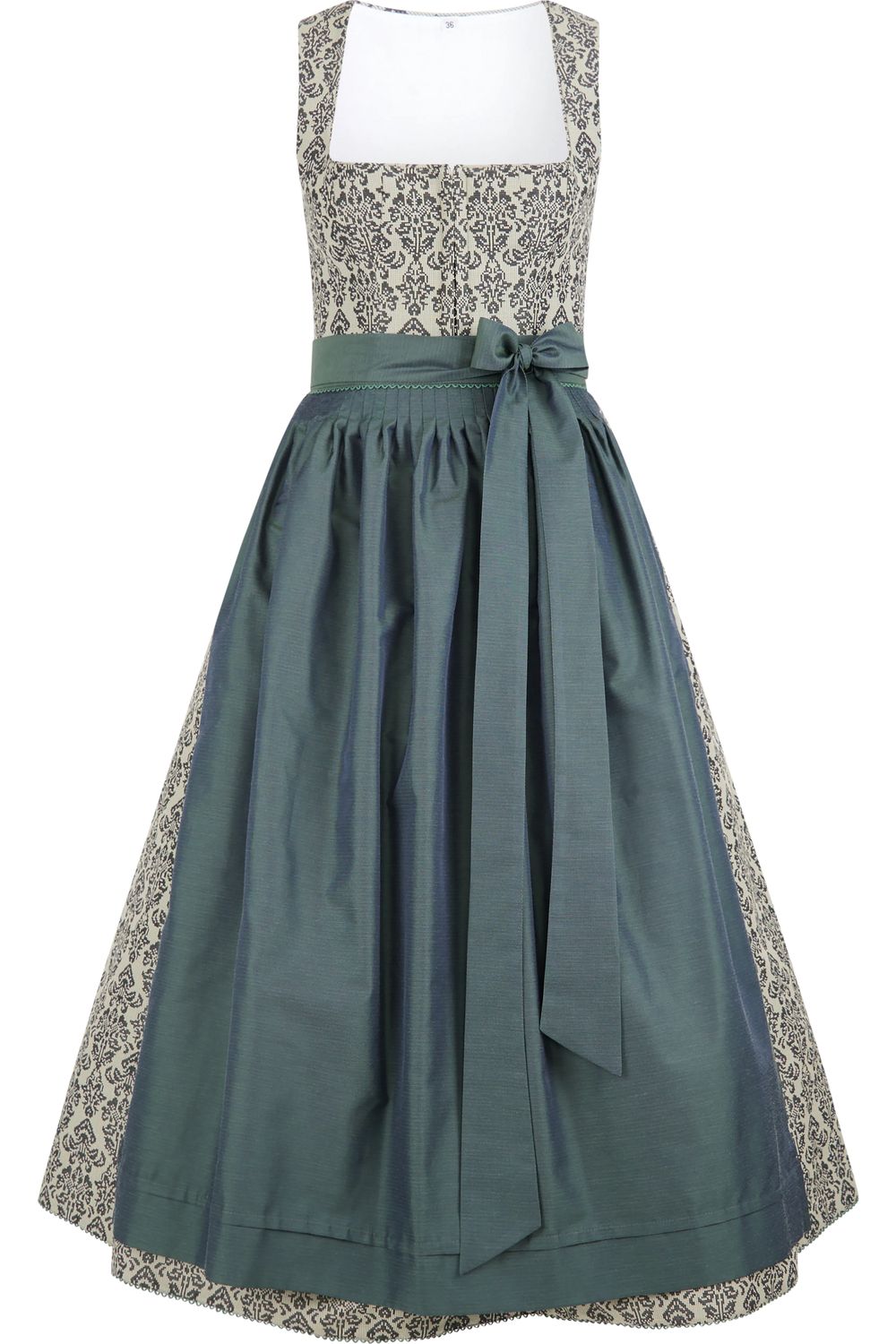 Traditionelles Dirndl in Schwarz-weiß mit einem grünen Rock und einer passenden Schleife.
