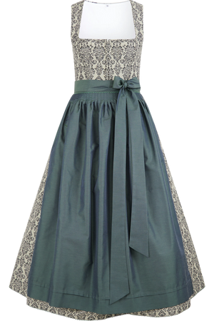 Traditionelles Dirndl in Schwarz-weiß mit einem grünen Rock und einer passenden Schleife.