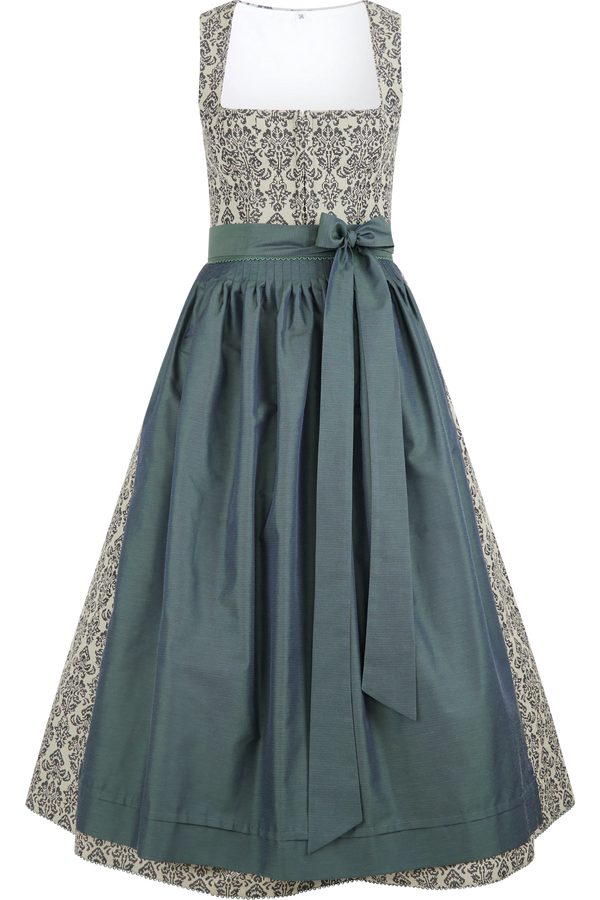 Traditionelles Dirndl in Schwarz-weiß mit einem grünen Rock und einer passenden Schleife.