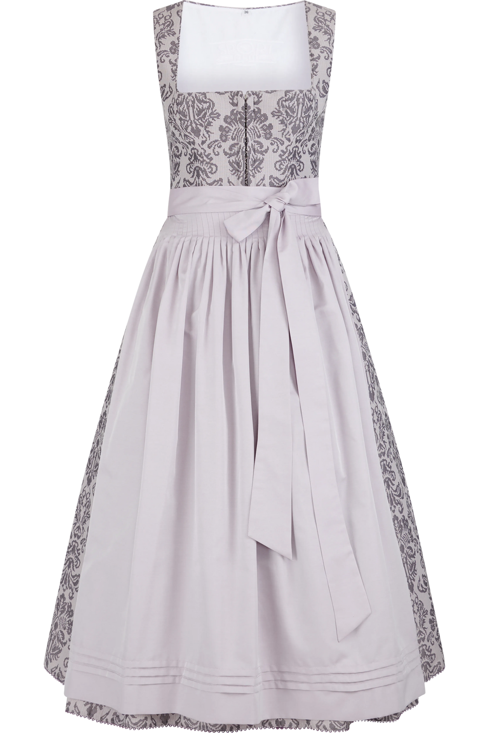 Dirndlkleid in hellgrau mit elegantem Muster und Schleife in der Taille.