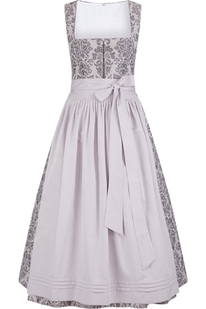 Dirndlkleid in hellgrau mit elegantem Muster und Schleife in der Taille.