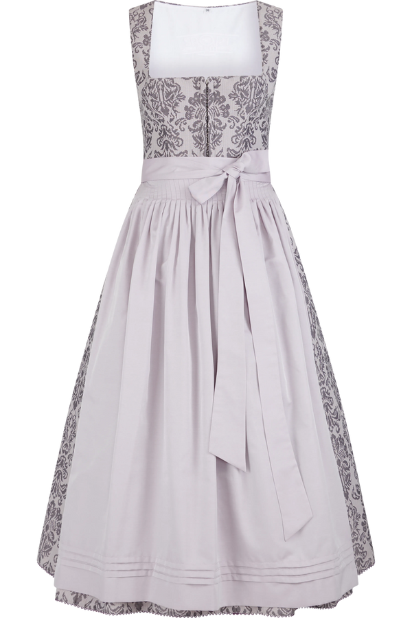 Dirndlkleid in hellgrau mit elegantem Muster und Schleife in der Taille.