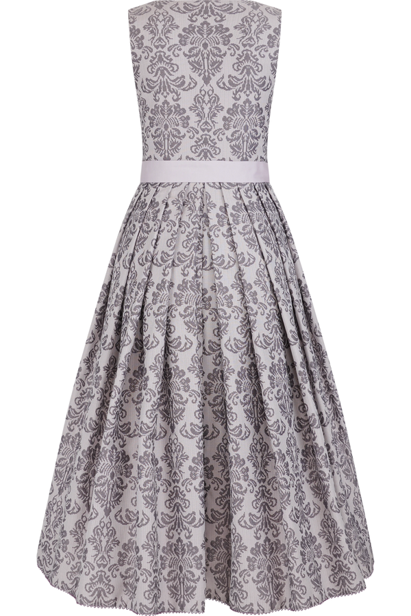 Fliederfarbenes Kleid mit elegantem Muster und ausgestelltem Rock.