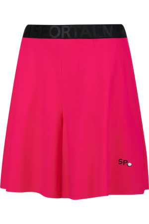 Rosa Sportshorts mit schwarzem Bund und Logo.