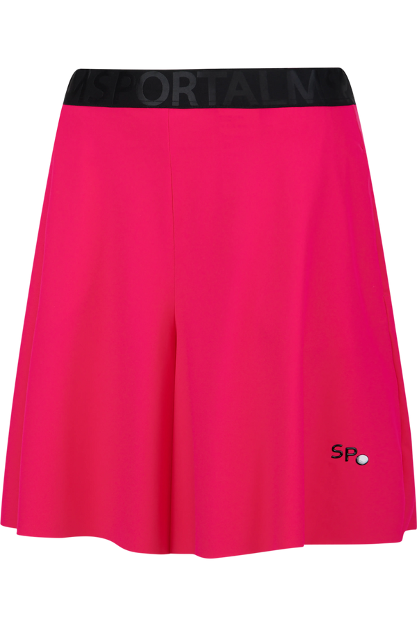 Rosa Sportshorts mit schwarzem Bund und Logo.