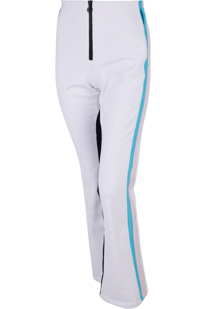 Weiße Sporthose mit einem Reißverschluss und blauen seitlichen Streifen.