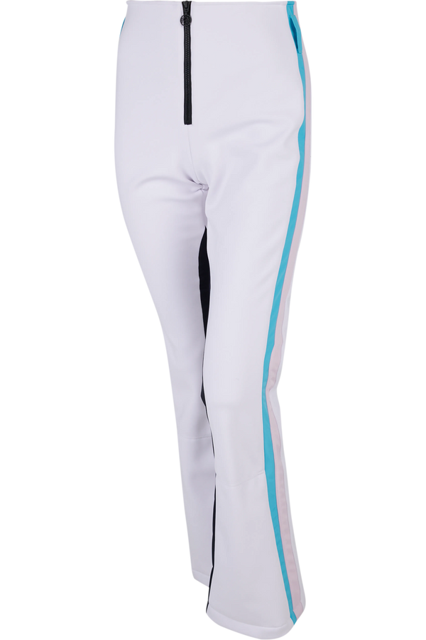 Weiße Sporthose mit einem Reißverschluss und blauen seitlichen Streifen.